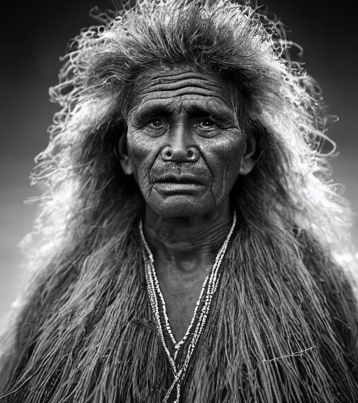 Image similar to Award winning reportage photo of Tuvalu Natives with incredible hair and beautiful hyper-detailed eyes wearing traditional garb by Lee Jeffries, 85mm ND 5, perfect lighting, gelatin silver process