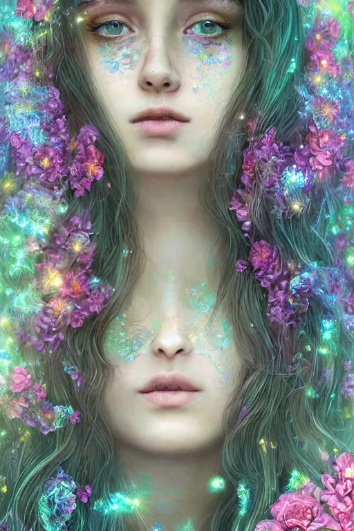 Image similar to elaborately detailed close up realistic portrait of an extremely beautiful girl with very long dark hair surrounded by flowers, an eerie mist and many ethereal rainbow bubbles, Art Noveau, Aetherpunk, atmospheric lightning, dreamscape maximized, iridiscent geometry, high fantasy professionally painted digital art painting, fantasy matte painting movie poster, smooth, sharp focus, highly detailed illustration highlights, backlight, golden ratio, 8K detail post-processing, symmetrical facial features, rich deep moody colors, dark epic fantasy, award winning picture, featured on DeviantArt, trending on cgsociety
