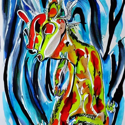 Image similar to extreme emotional movement of fience animal, ink painting, in style of thawan duchanee, high quality,