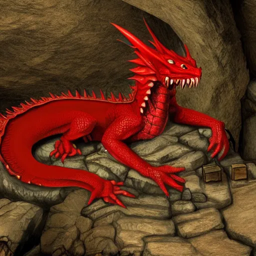 Image similar to photo of an ancient red dragon sitting menacingly in a cave, dungeons and dragons, detailed, 4 k