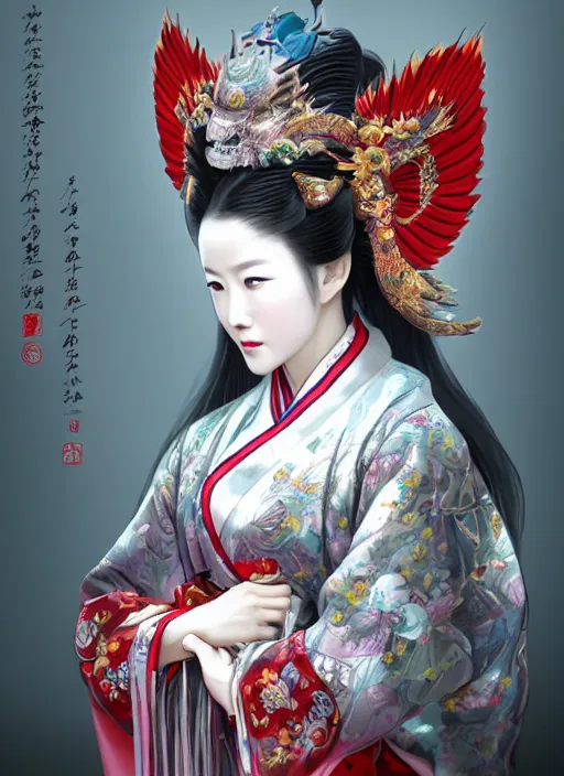 Prompt: full body portrait of a female kitsune peking opera actress by wlop, wuxia, xianxia, kitsune, actress, peking opera, lithe, absurdly beautiful, seductive, detailed, realistic, anatomically accurate, fantasy illustration, artstation, wlop, 4 k.