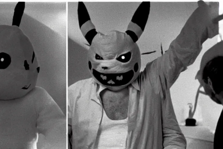 Image similar to Jack Nicholson dressed up in costume of Pikachu, scary, horror, still from the film by Stanley Kubrick