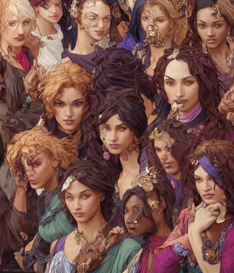 Prompt: a group of female thieves with unique clothes, brown skin, and different hair colours, beautiful, symmetrical facial features, detailed faces, intricate detail, smooth, sharp focus, colourful, arnold rendering, art by artgerm and greg rutkowski and alphonse mucha,