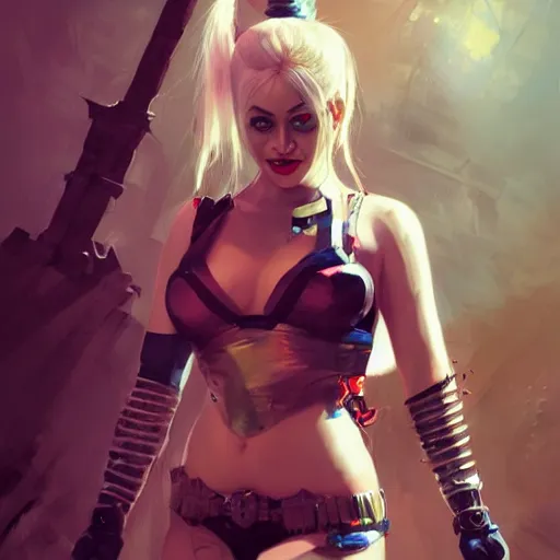 Image similar to portrait of Harley Quinn in bikini armor, dc comics, cyberpunk, Warhammer 40000, dark fantasy, digital art from artstation by Ruan Jia and Mandy Jurgens and Artgerm and william-adolphe bouguereau