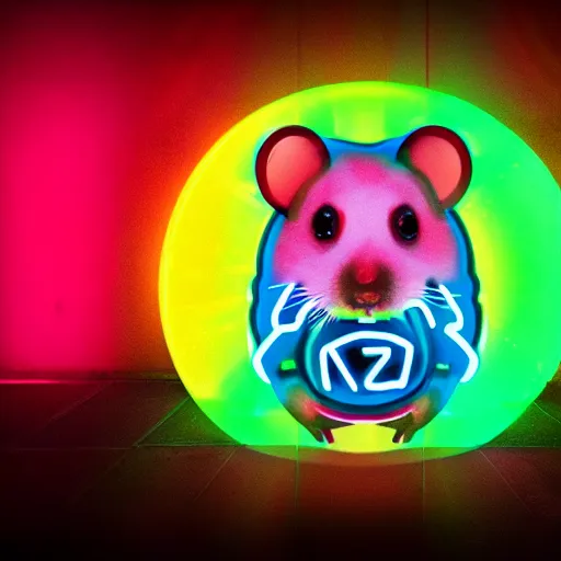 Image similar to rainbow hamster!! in a cyberpunk! city, neon lights, light reflection, logo, 8 k, hd