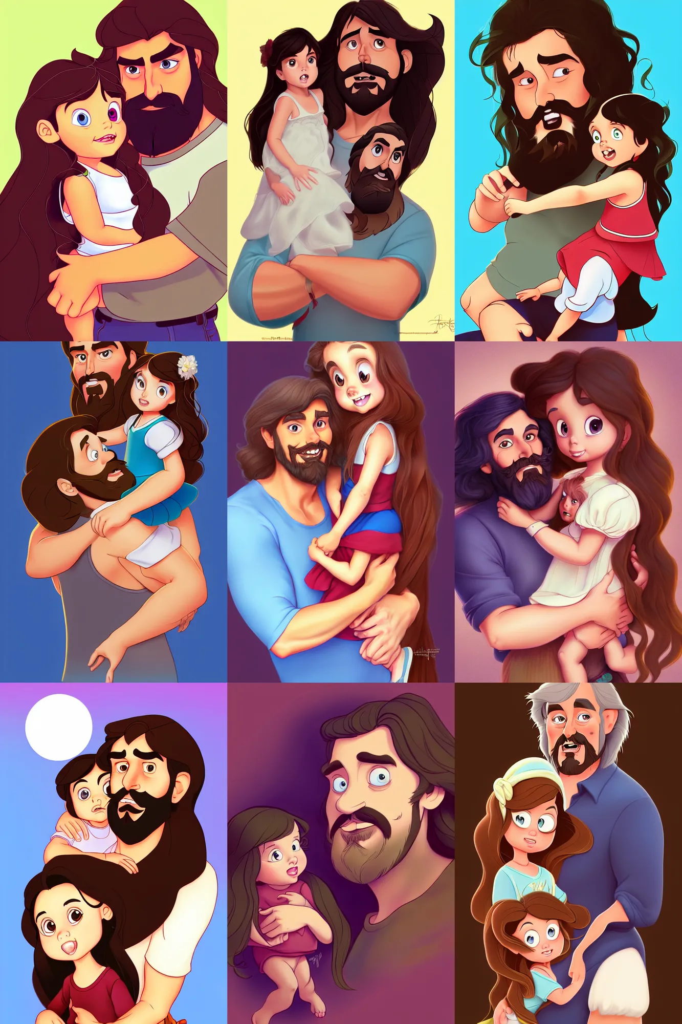 Image similar to a long - haired bearded father and his brunette child toddler girl full color digital illustration in the style of don bluth, artgerm, artstation trending, 4 k