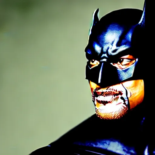 Image similar to of a photo of will smith as batman with a serious face looking at the camera, f 2. 8