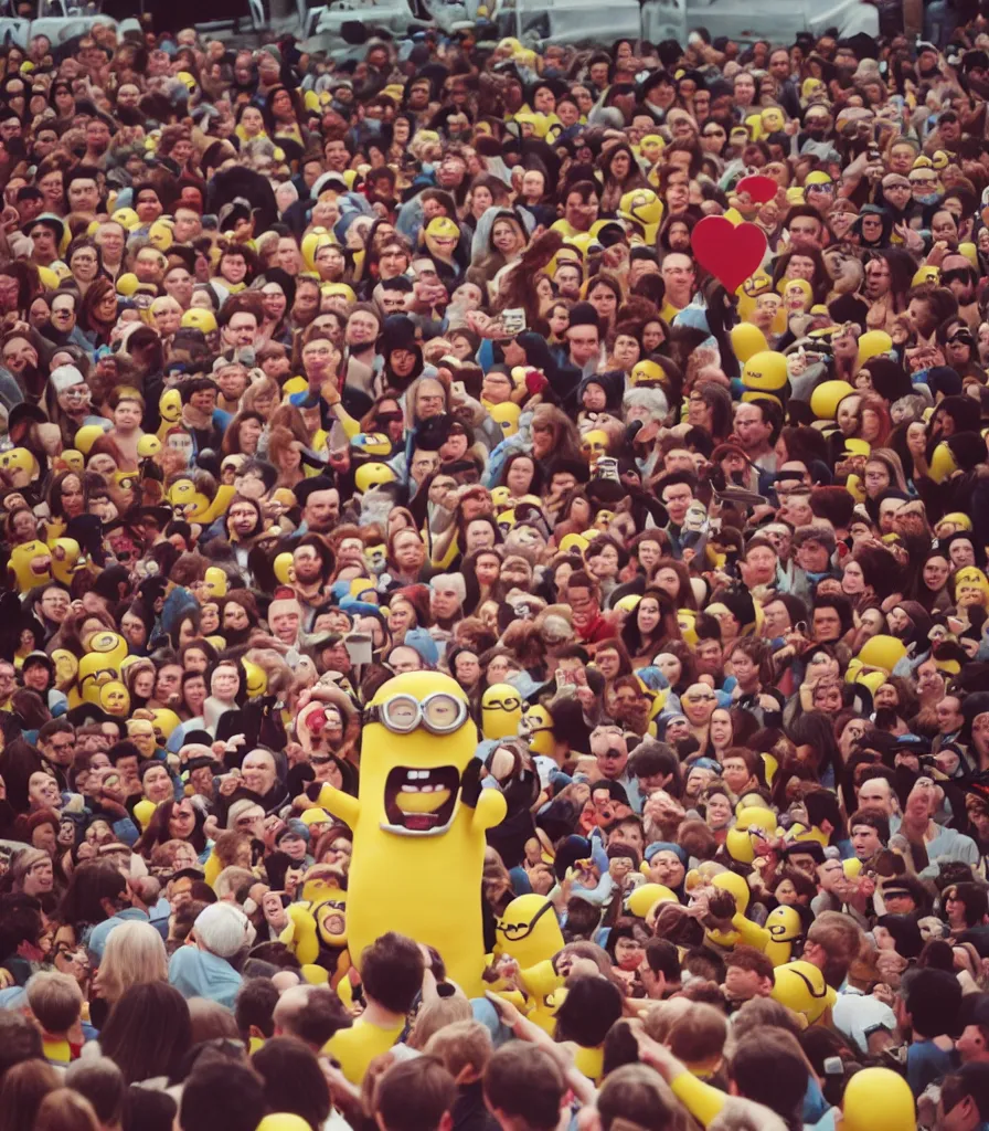 Image similar to one minion surrounded by an angry crowd of humans. the minion is bleeding red blood. a large wooden cross is in the background. kodak gold 2 0 0,