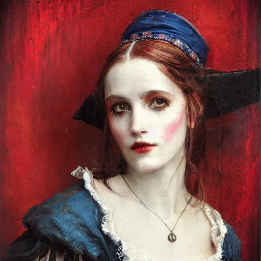 Prompt: Solomon Joseph Solomon and Richard Schmid and Jeremy Lipking victorian genre painting portrait painting of a happy young beautiful woman punk rock goth girl german french actress model pirate wench in fantasy costume, red background