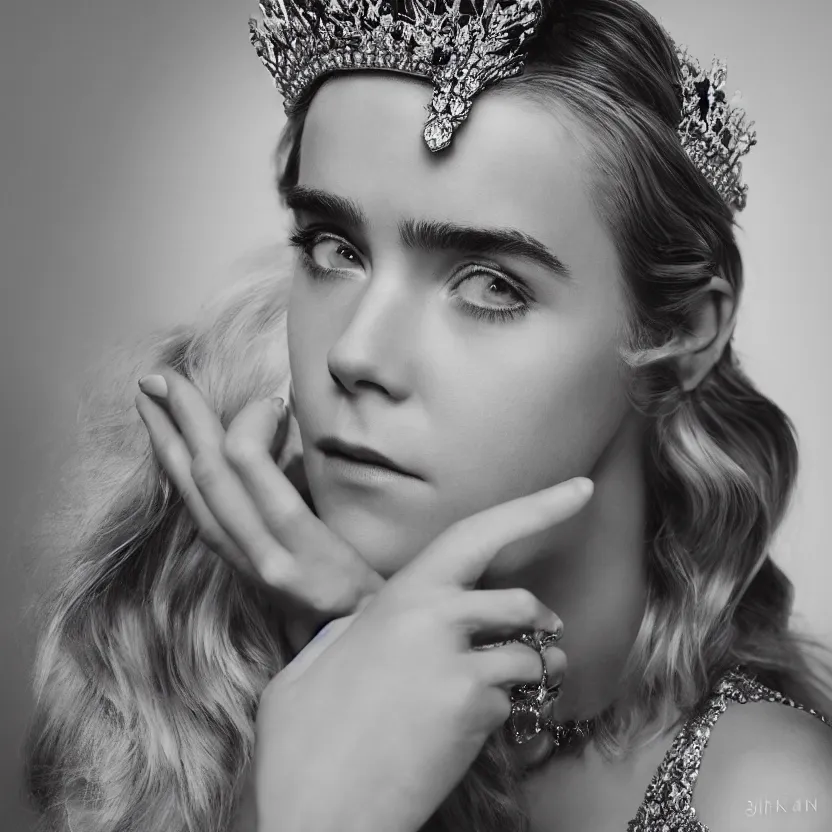 Image similar to kiernan shipka as queen, big crown adorned with emerald, diamonds, topaz and other jewellaries, sensual, beautiful soft light failling on her face, studio photography, nikon 3 5 mm portrait photography, ultra realistic