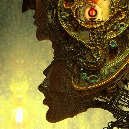 Prompt: blinded cybernetic deity dreaming itself into reality with its networked mind, lsd, circuitry, intricate detail, royo, whealan, giger, klimt, hd, octane render, unreal engine,
