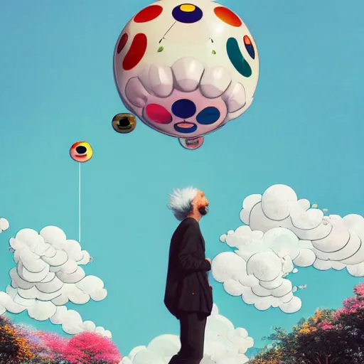 Image similar to a man walking on clouds away from the camera above kyoto by takashi murakami, beeple and james jean, aya takano color style, 4 k, super detailed, modern, 4 k, symmetrical