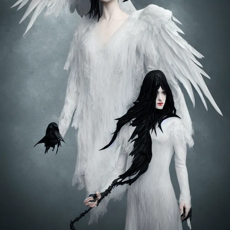 Image similar to hight focus of a wonderful realistic focused sweet wonderful symmetrical mid portrait of a demonic witch with a detailed wonderful, majestic, large semi transparent white cotton dress like as a realistic black raven, dramatic light, octane render - 8 k