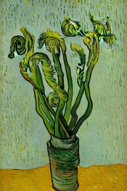 Image similar to Fiddleheads, painted by Vincent Van Gogh (1890), oil on canvas, detailed brushstrokes