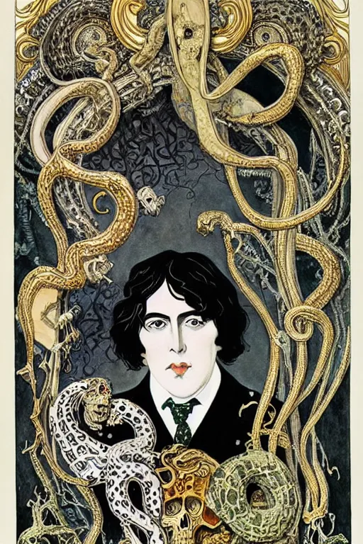 Image similar to realistic portrait of oscar wilde in the center of an ornate rococo frame with skulls and snakes, detailed art by kay nielsen and walter crane, illustration style, watercolor