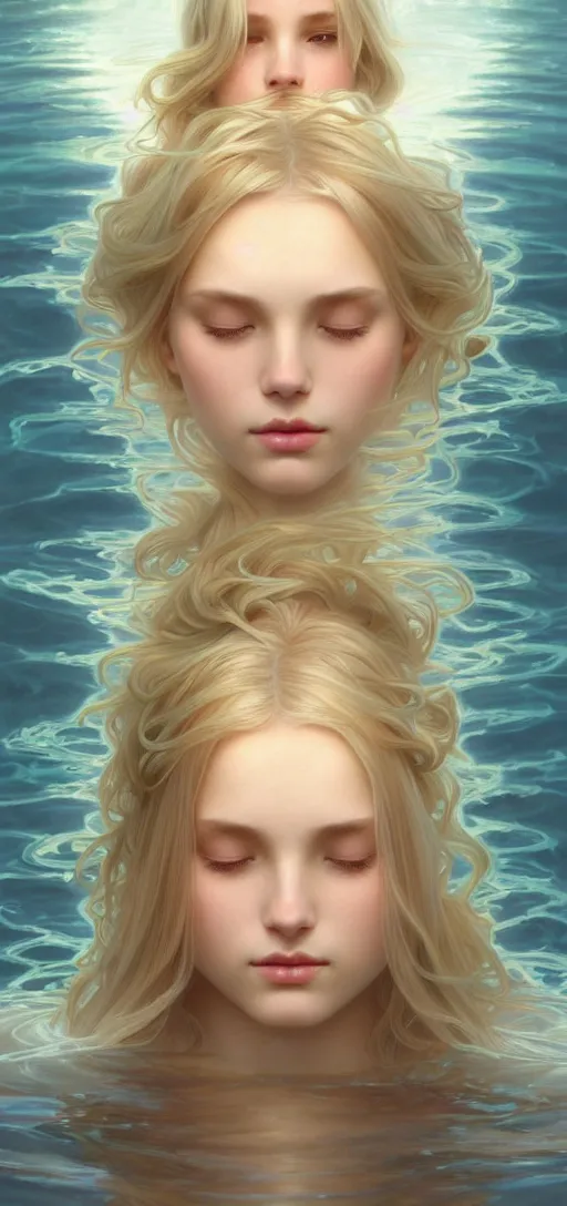 Prompt: perfect feminine face meditation!! murky underwater atmosphere, wind blowing, full body portrait of young fairy goddess blessed by nature, physical mental perfection, blonde, symmetrical! intricate, sensual, highly detailed, biblical divine holy perfection!! digital painting, artstation, concept art, smooth, sharp focus, by artgerm and greg rutkowski and alphonse mucha