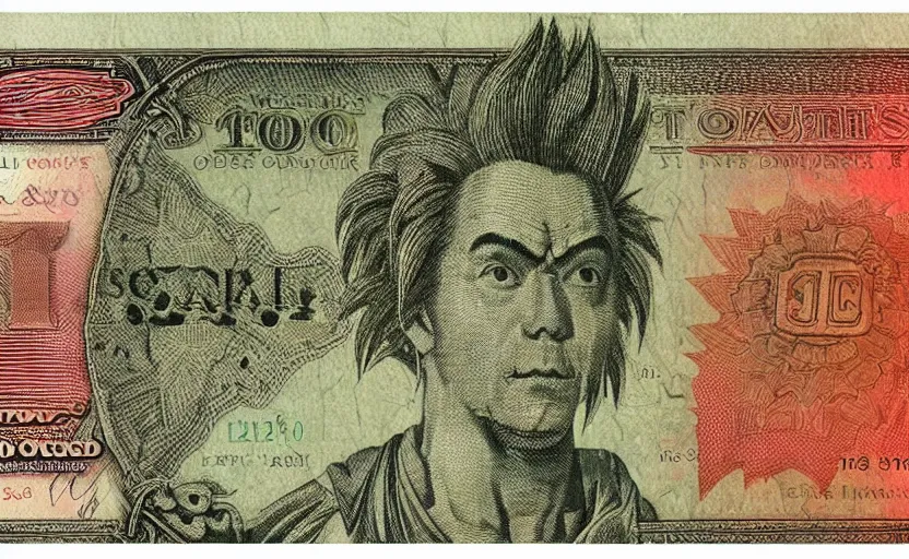 Image similar to rectangular photograph of seven dollar u. s. currency note featuring spiky - haired saiyan goku from dbz dragonball z