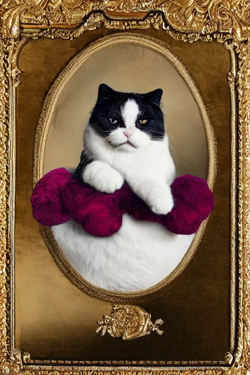 Image similar to a magnificent tintype portrait of a silly looking fluffy fat cat on an embroidered velvet cushion on a neo - rococo gilded little bed with precious stones, ball of yarn, by david lachapelle, photorealistic, photography, wide shot