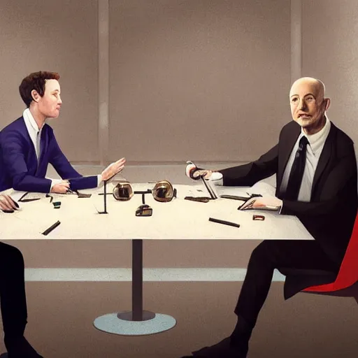 Image similar to portrait of elon musk, mark zuckerberg, jeff bezos, in meeting together, same table, very detailed, art contest winner on behance, trendy on deviant art, by by artgem, greg rutkowski, makoto shinkai