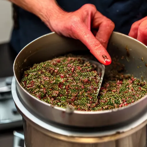 Prompt: a pot full of psychogenic raw mince being mixed up by hands, pov, vaporwave