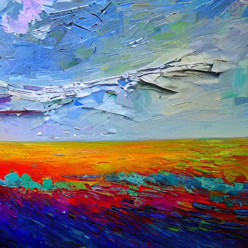 Image similar to megalodon, modern, impressionist, highly textured landscape, palette knife, layered, sculptured, dynamic, oil on canvas