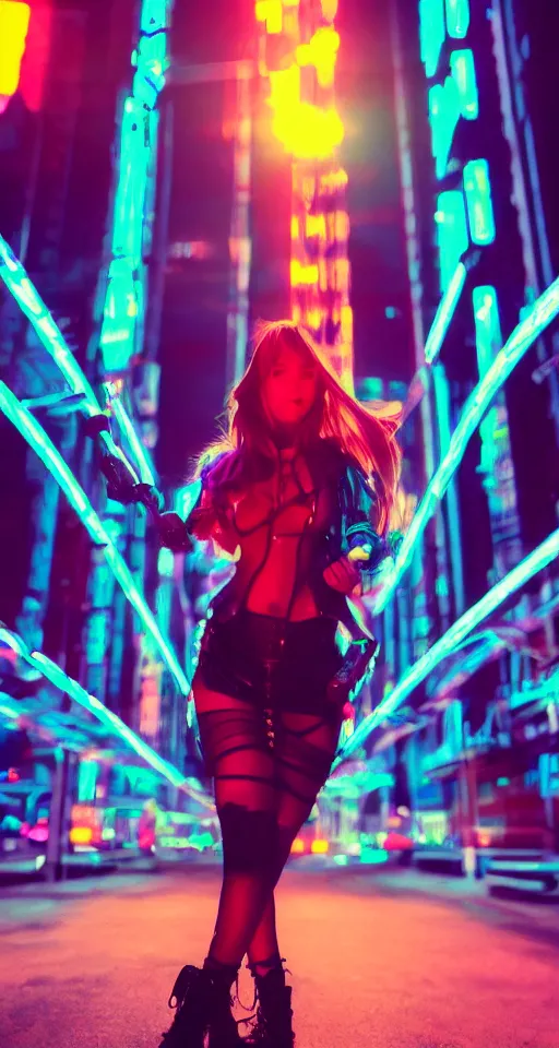 Image similar to cyberpunk women, neon lights, city, glow, sunset, retrowave style,