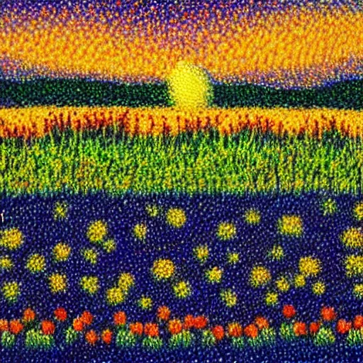 Image similar to three starship rockets landing in a field of flowers at sunset, pointillism and impressionist painting