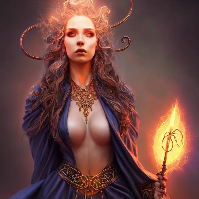 Image similar to beautiful elemental electric witch with ornate robes and staff, highly detailed, 4 k, hdr, smooth, sharp focus, high resolution, award - winning photo, artgerm, photorealistic