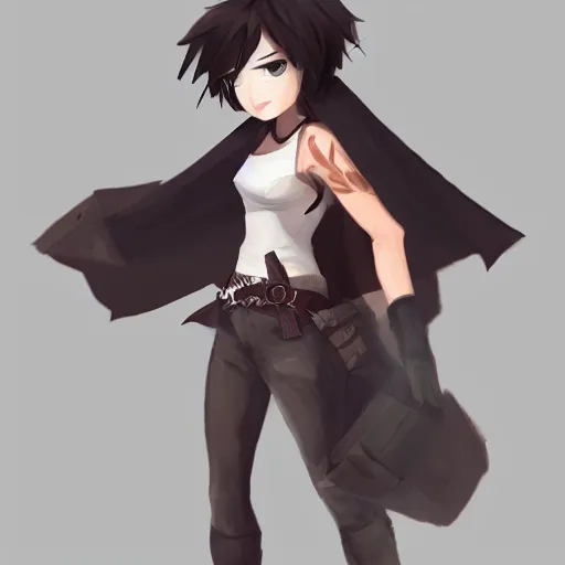 Prompt: { APPEAR(heroic build + sharp fangs + smug smile + short black hair) WEAR(cape + white tanktop + cargo pants) FEATURED(ArtStation) }