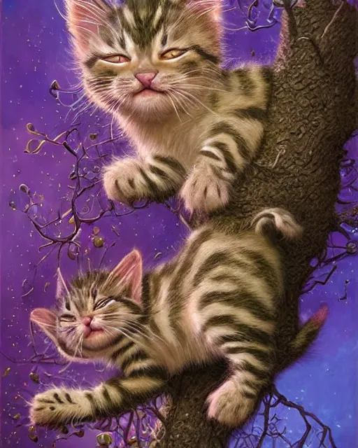 Prompt: an adorable cheshire kitten asleep in a tree | highly detailed | very intricate | symmetrical | whimsical and magical | soft cinematic lighting | award - winning wonderland | painted by donato giancola and paul lehr and ross tran | pastel color palette | featured on artstation