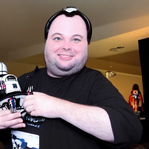 Image similar to Rich Evans with a Darth Vader! helmet! holding a Astromech toy!