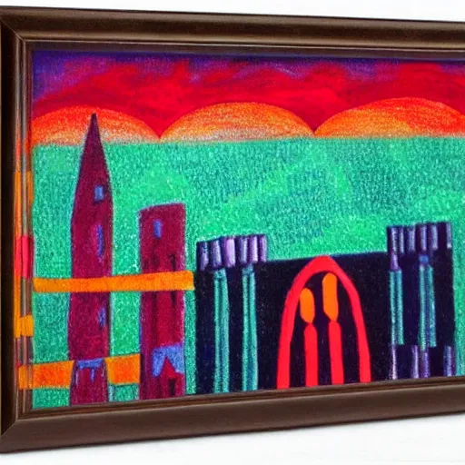 Image similar to bright, costume shocking by rufino tamayo. a beautiful drawing of a cityscape with tall spires & delicate bridges.