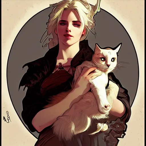 Image similar to Ciri holding a cat, beautiful lighting, expressive comic art, trending on artstation, digital art, by Alphonse Mucha, highly detailed