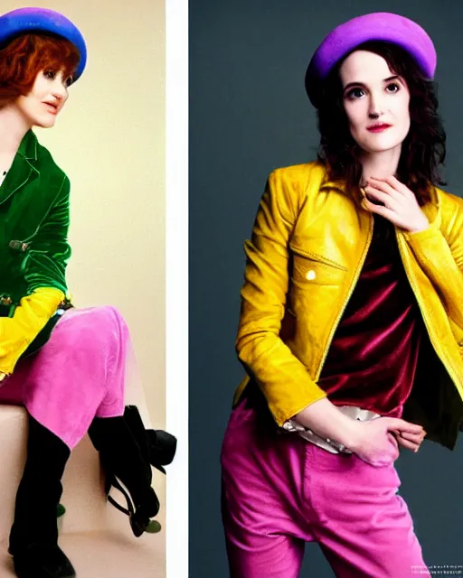 Image similar to photos of young winona ryder wearing a yellow leather jacket, green corduroy pants, a red silk blouse, and purple velvet top hat on her head, photoshoot in the style of annie leibovitz, photorealistic, soft focus, bokeh, 5 0 mm