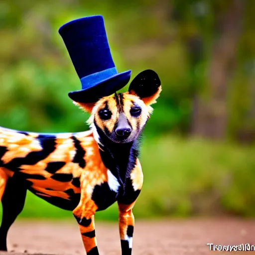 Prompt: The world's greatest showman: the african painted dog dressed in a hat!