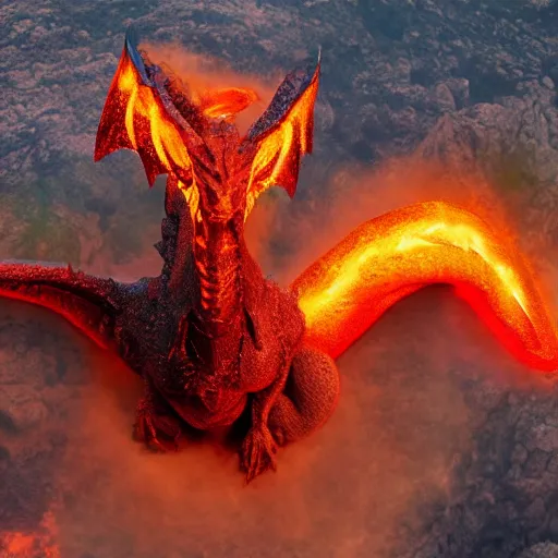 Image similar to photoshop of a mythological western fantasy dragon animal bathing in lava, cryptid, unexplained phenomena, drone photography