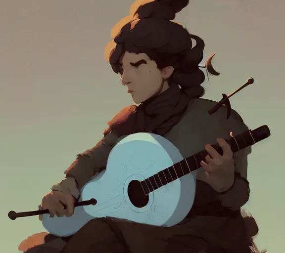Prompt: portrait a bard with a lute sitting under the tree dnd character by atey ghailan, by greg rutkowski, by greg tocchini, by james gilleard, by joe fenton, by kaethe butcher, dynamic lighting, gradient light blue, brown, blonde cream and white color scheme, grunge aesthetic