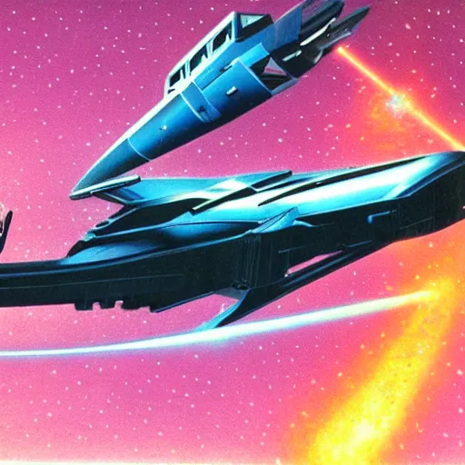 Image similar to starship destroyed by laser beam shot by another starship, 1 9 8 0 s concept art, vintage, high saturation colors, high quality, hand drawn