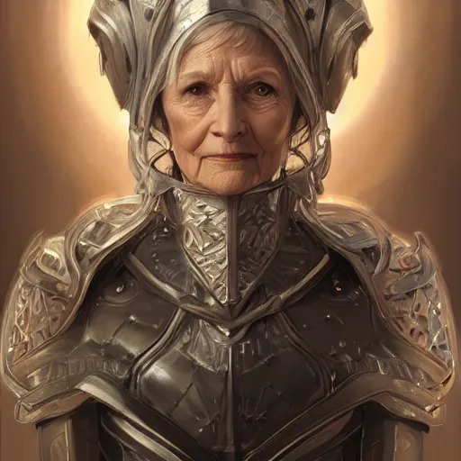 Prompt: portrait of an pretty old woman in a platinum armor, intricate, headshot, highly detailed, digital painting, artstation, concept art, sharp focus, cinematic lighting, illustration, art by artgerm and greg rutkowski, alphonse mucha, cgsociety