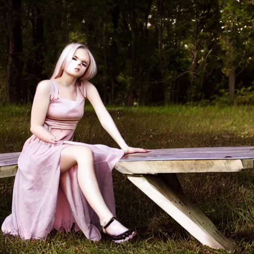 Image similar to kerli koiv young female model sitting on bench photography sun dress beautiful face and body, dramatic light 8 0 mm camera