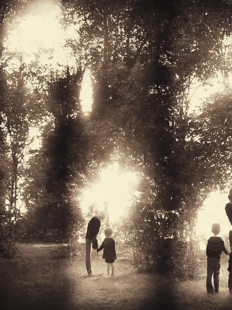 Image similar to a boy and a girl side by side, posing for a picture, a strong light behind them, nostalgic, night, some trees in the background, old polaroid, dramatic reddish light, atmospheric