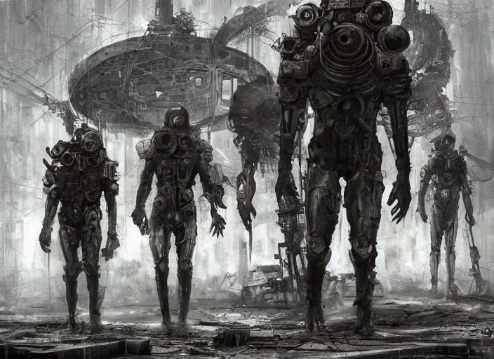 Prompt: concept art of group of high tech nomands from the future exploring abandoned laboratory from cold war era, apocalyptic road warrior vibe, an ultrafine detailed painting by by karol bak and filip hodas, trending on deviantart, pop surrealism, whimsical, lowbrow, perfect symmetrical face, sharp focus, octane, masterpiece, art by hans giger and wayne barlowe