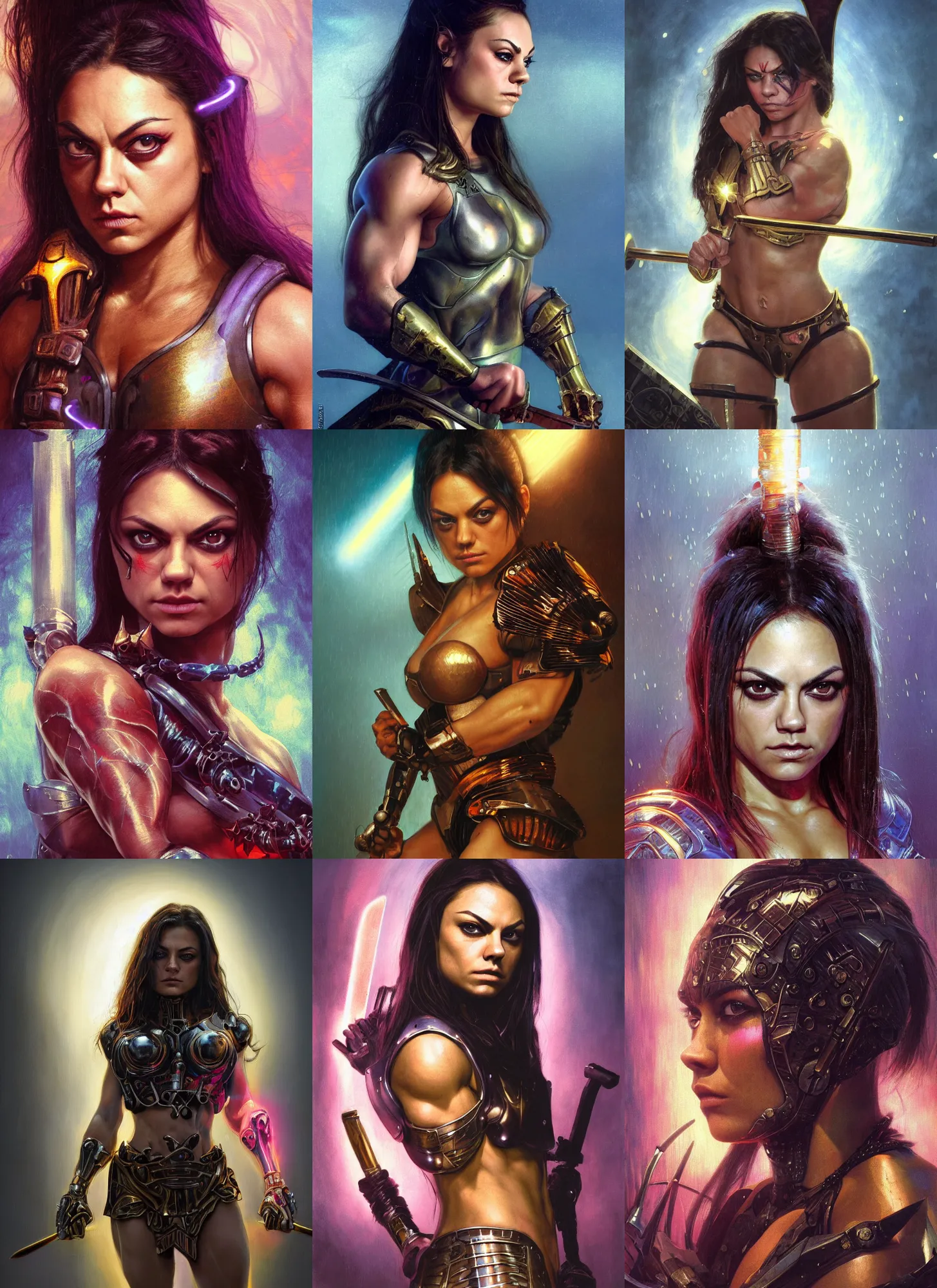 Prompt: bodybuilder mila kunis closeup portrait of a beautiful biblical diabolical samurai girl looking into the camera holding a sword, cyborg neon lit armor, foggy fireflies, cinematic studio light, golden hour, gerald brom, mikhail vrubel, peter elson, muted pastel colors, extreme detail, light rain, trending on artstation, 8 k