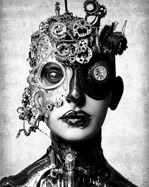 Image similar to black and white dreamy foggy smoky profile face portrait, one silver steampunk eye biomechanical beautiful young female cyclope - cyborg - robot bust, body ribs meshes,, volumetric light, hibiscus flowers, by hg giger, rim light, by dora maar and cecile beaton, big gothic fashion pearl embroidered collar, 8 k