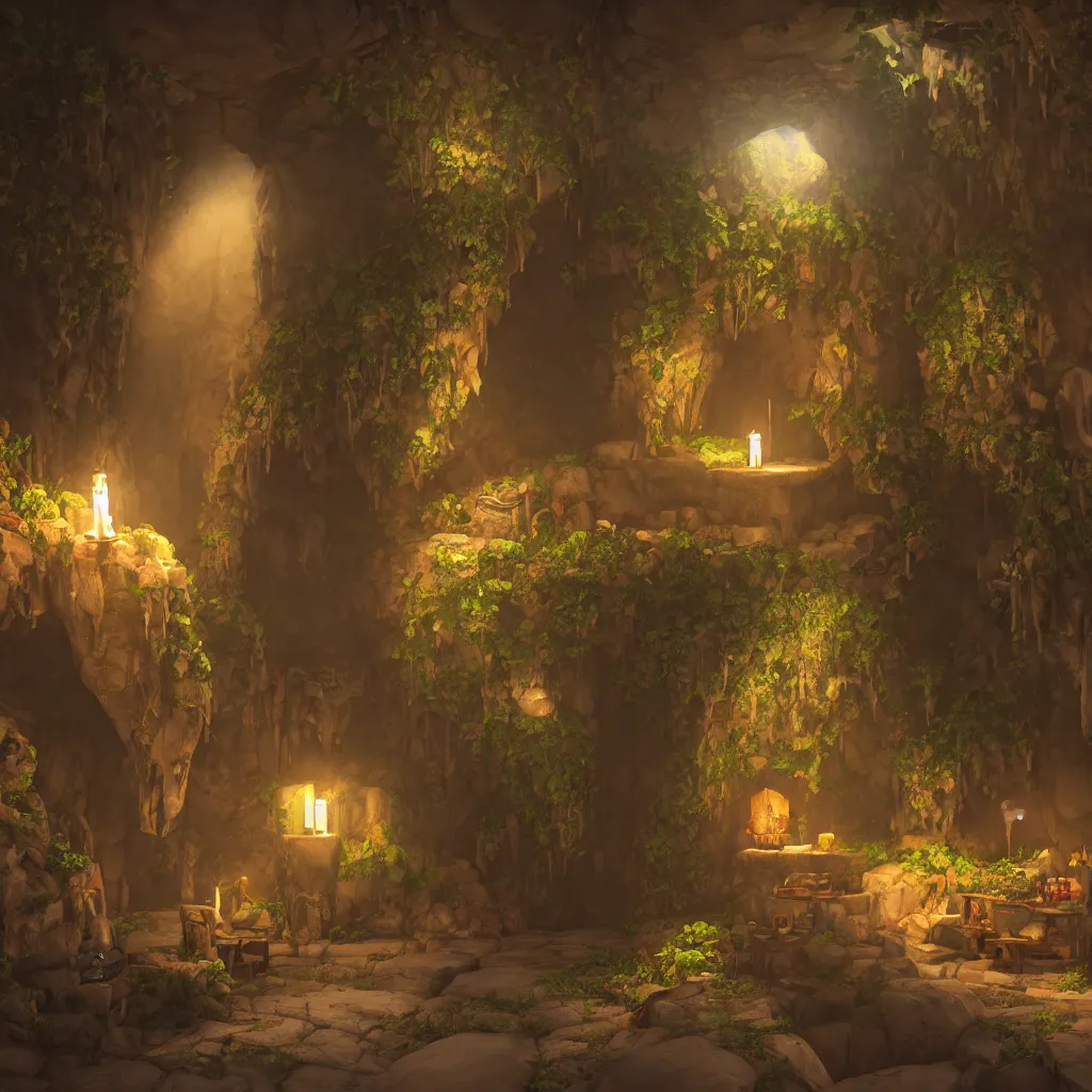 Image similar to secret overwatch common area carved inside a cave, doors to various bedrooms, sheltered, magical, natural light, lush central tree, flowers, candle light, cinematic lighting, clean lines, cozy, fantasy, fantasy architecture, sharp focus, concept art, octane render 4 k, artstation