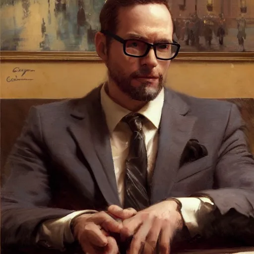 Prompt: detailed cinematic wide shot of sucession cousin greg black suit with glasses smooth, sharp focus, ultra realistic, in corporate office spring light, painting by gaston bussiere, craig mullins, j. c. leyendecker