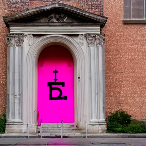 Image similar to A pink neon sign with rounded lowercase letters O, D, O, O above the front door of a cathedral