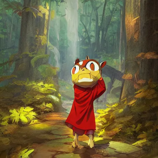 Image similar to concept art painting of an anthropomorphic luffy chipmunk wearing a yellow cloak, holding a lantern, in the deep forest, realistic, detailed, cel shaded, in the style of by isaac asimov and marc simonetti and makoto shinkai and greg rutkowski and james gurney