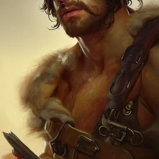 Image similar to portrait of a young rugged ranger, muscular, upper body, hairy thighs, D&D, fantasy, intricate, cinematic lighting, highly detailed, digital painting, artstation, concept art, smooth, sharp focus, illustration, art by Artgerm and Greg Rutkowski and Alphonse Mucha