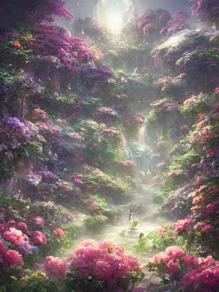 Prompt: a dream flower garden environment where one draws mystical energy into their lives, background art, pristine concept art, small, medium and large design elements, in the style of WLOP and Ross Tran